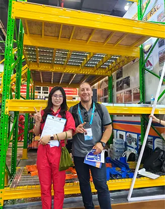 Warehouse pallet rack component review during exhibition