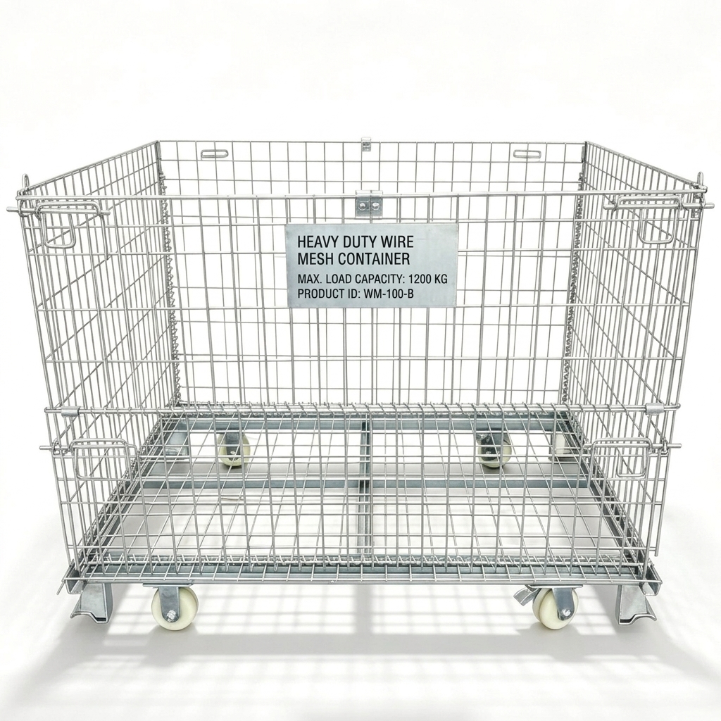 Foldable Steel Storage Cage Galvanized Wire Mesh Container Heavy Load Bearing Forklift Compatible Warehouse Rack Model 40