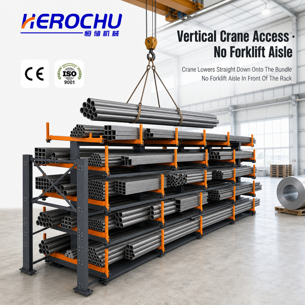 Hand Crank Telescopic Cantilever Rack | Single Side 4 Levels 1000 kg Per Arm | Q235B Steel | Steel Pipe Bar Sheet Metal Storage
