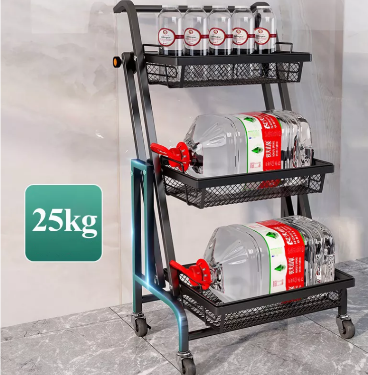 Stainless Steel Kitchen Storage Mesh Hand Push Cart 3-Tier Rolling Folding Trolley Rack Easy to Clean
