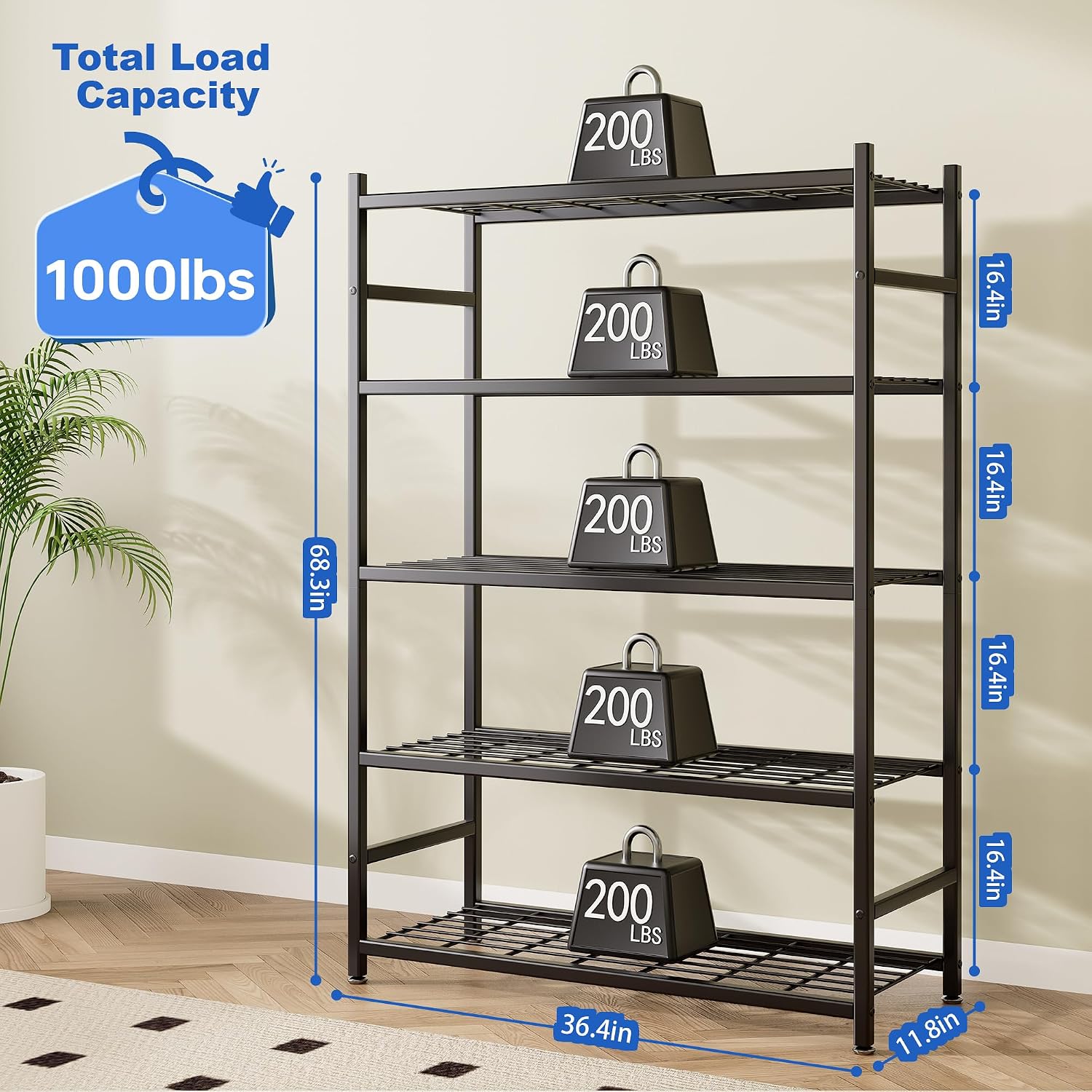 5-Tier Industrial Metal Shelving Unit with Leveling Feet-Heavy Duty Powder Coated Storage Shelves for Garage Kitchen More Black