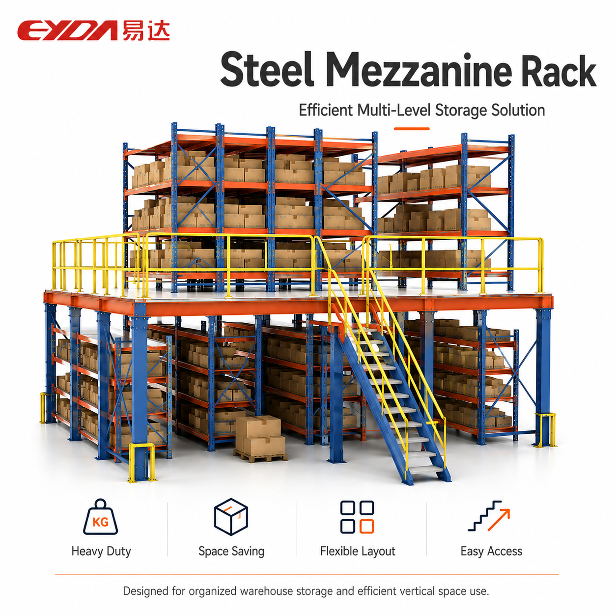 EYDA Galvanized Heavy Duty Industrial Mezzanine Storage Platform Rack 1000kg/sqm Load Capacity Powder Coated Corrosion