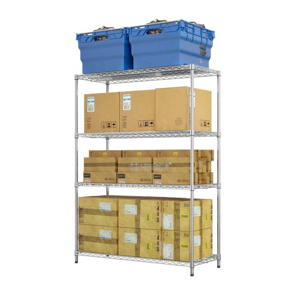 Modular Adjustable Warehouse Storage Unit 4 Tiers Chrome Steel Industrial Heavy Duty Wire Shelf Racking System