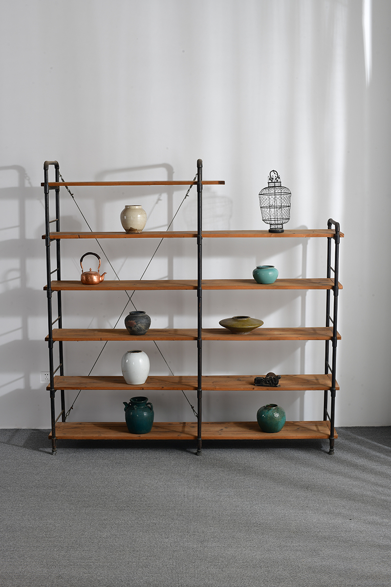American Industrial Style Retro Iron Wrought Solid Wood Floor Shelving for Living Room Furniture